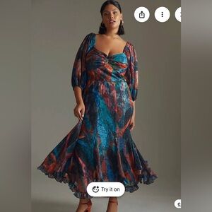 Hutch Printed Twist-front Puff-sleeve Ruffle Hem Tea Length Dress Size 18